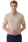DeepSEA Erkek Bej Polo Yaka Fermuarlı Çizgi Dokulu Regular Fit Likralı Triko Tişört 2608008