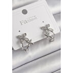 Pirinç Gümüş Renk Zirkon Taşlı 2'Li Çiçek Model Kadın Küpe