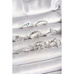 Pirinç Gümüş Renk Nazar Boncuk Detay İncili Kelebek İşlemeli Kadın Yüzük Kombini