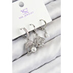 Pirinç Zirkon Taşlı 3'lü Yunus Balığı Ve İstiridye Model Gümüş Renk Kadın Küpe