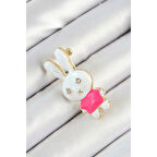 Zirkon Taş Detaylı Beyaz Ve Pembe 3D Tavşan Figürlü Kadın Broş