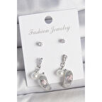 Pirinç Gümüş Renk Sallantılı Zirkon Taşlı Damla Model 3 Çift Kadın Küpe Seti