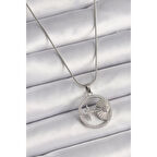 316L Çelik Gümüş Renk Zincir Zirkon Taşlı Yıldız Madalyon Model Kadın Kolye