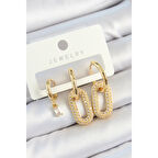 Pirinç Zirkon Taşlı Dikdörtgen Model Gold Renk 3'lü Çift Kadın Küpe Set