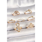 Pirinç Gold Renk Zirkon Taşlı Sonsuzluk Figür Yıldız Detay Kadın Yüzük Kombini