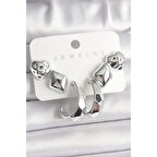 Gümüş Renk Kalp Halka Figür Plastik Kadın Küpe Seti