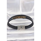 316L Çelik Gold Renk Aksesuarlı Çift Sıra Siyah Burgu Desenli Deri Kordon Erkek Bileklik