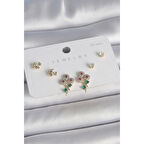 Pirinç Gold Renk Renkli Zirkon Taşlı Çiçek Model Yaprak Detay 925 Ayar Gümüş Çivi Kadın Küpe Seti