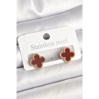 Pirinç Gold Renk Bordo Yonca Model Kadın Küpe