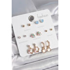 Pirinç Gold Renk Zirkon Taşlı Sallantı Halka Figür Kalp Detay 7 Çift Kadın Küpe