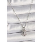 316L Çelik Gümüş Renk Zincir Zirkon Taşlı Ayıcık Figür Kadın Kolye