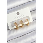 Pirinç Zirkon Taşlı Halka Model Gold Renk 3'lü Çift Kadın Küpe Set