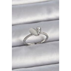 Pirinç Gümüş Renk Ayarlanabilir Zirkon Taşlı İncili Beyaz Mineli Kalp Model Kadın Yüzük