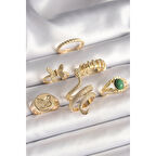 Pirinç Gold Renk İşlemeli Yılan Model Kelebek Detay 6'Lı Kadın Yüzük Seti