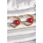 Pirinç Gold Renk Halka Model Kırmızı Boncuk Detay Kadın Küpe