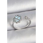 Pirinç Gümüş Renk Mavi Mineli Yonca Model Zirkon Taş Detay Ayarlanabilir Kadın Yüzük