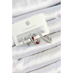 Pirinç Zirkon Taşlı Bordo Pembe Halka Model Gümüş Renk 3'lü Çift Kadın Küpe Set