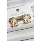 Pirinç Beyaz Mineli Sanatsal Portre Model Gold Renk Kadın Küpe