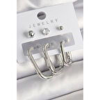 Pirinç Gümüş Renk Halka Model Zirkon Taşlı Topçuk Detay Kadın Küpe Seti