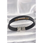 316L Çelik Gold Renk ZikZak İşlemeli Aksesuarlı Çift Sıra Burgu Desenli Deri Kordon Erkek Bileklik