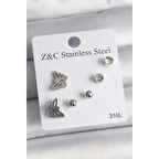 316L Çelik Gümüş Renk Zirkon Taşlı Kelebek Model Kadın Küpe Seti