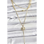 Pirinç Gold Renk Zirkon Taşlı Güneş Model Detaylı 3'lü Kombin Y Kadın Kolye