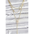 Pirinç Gold Renk Zirkon Taşlı Çiçek Model Detaylı 3'lü Kombin Y Kadın Kolye