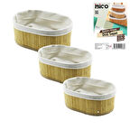 3 BOY  OVAL  BAMBU KENAR ORGANİZER SEPET AHŞAP ALTLIK - BEZLİ  13X22-16X26-20X30CM (5365)