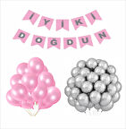 METALİK PEMBE-GÜMÜŞ BALON+BANNER SETİ