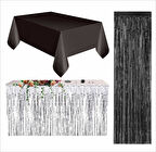 3 PARÇA SİYAH MASA ÖRTÜSÜ, GÜMÜŞ MASA ETEĞİ, SİYAH ARKA FON