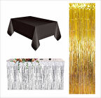3 PARÇA SİYAH MASA ÖRTÜSÜ, GÜMÜŞ MASA ETEĞİ, GOLD ARKA FON
