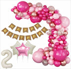 2 YAŞ KRAFT GOLD BANNER, 30 ADET PEMBE, GOLD, METALİK PEMBE,ŞEFFAF BALON 1 PEMBE 2 BEJ YILDIZLI DOĞUM GÜNÜ SETİ