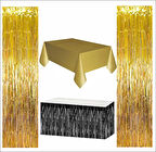 Gold Masa Örtüsü, Siyah Masa Eteği, 2 Adet Gold Arka Fon