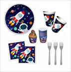 UZAY TEMALI TABAK, BARDAK, ÇATAL, KEK KAPSÜLÜ, PEÇETE SETİ