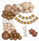 KRAFT GOLD BANNER 1 YAŞ KAHVE -BEYAZ KONSEPT DOĞUM GÜNÜ SETİ