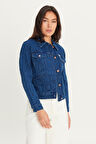 %100 Pamuk Regular Fit Normal Kesim Desenli Mavi Denim Jean Ceket