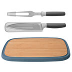 Berghoff Leo 18/10 Paslanmaz Çelik Bambu Kesme Tahtası ve 2 Parça Bıçak ve Servis Çatalı Seti