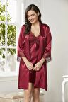 Pierre Cardin 6'lı Saten Gecelik Sabahlık Takım Çeyiz Seti 6040 - Bordo