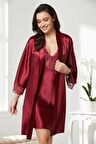 Pierre Cardin Saten Dantelli Gecelik ve Sabahlık Takımı 4280 - Bordo