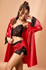 Nurteks Bralet Şortlu Bordo Kimono Takım 3509