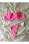 Pembe Peluş Sütyen ve String Takımı Kadın İç Çamaşırı Seti
