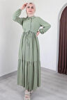 Kadın Tesettür Yarım Düğmeli, Belden Büzgülü Elbise