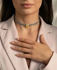 Kordon Zincir Örme Kristal Taşlı El Yapımı Choker Tasma Sarı Silver Renk Kolye