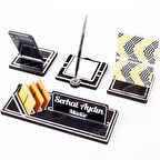 Lunar Gümüş Kalemli Ahşap Masa İsimliği Akrilik Notluklu Mermer Desenli Hediye Masaüstü Ofis İsimlik