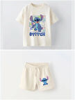 Erkek/Kız Çocuk Krem Renk Stitch Baskılı Kısa Kollu Tişört ve Şort Takımı - Yazlık Pamuklu Set (3-10 Yaş)