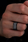Erkek Gümüş Yüzük - 925 Ayar Siyah Hasır Örgü Gümüş Alyans Yüzük