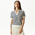 Nautica Kadın Lacivert Slim Fit Çizgili Polo Yaka T-Shirt