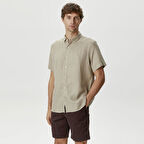 Nautica Erkek Bej Classic Fit Kısa Kollu Keten Gömlek