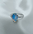 Yeni Sezon Paslanmaz Çelik Gümüş Kaplama Damla Model Mavi Taş'lı Yüzük