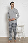 Erkek Ekose Desen Likralı Pamuk Uzun Kol Kışlık İnterlok Göğüs Cepli Pijama Takımı 